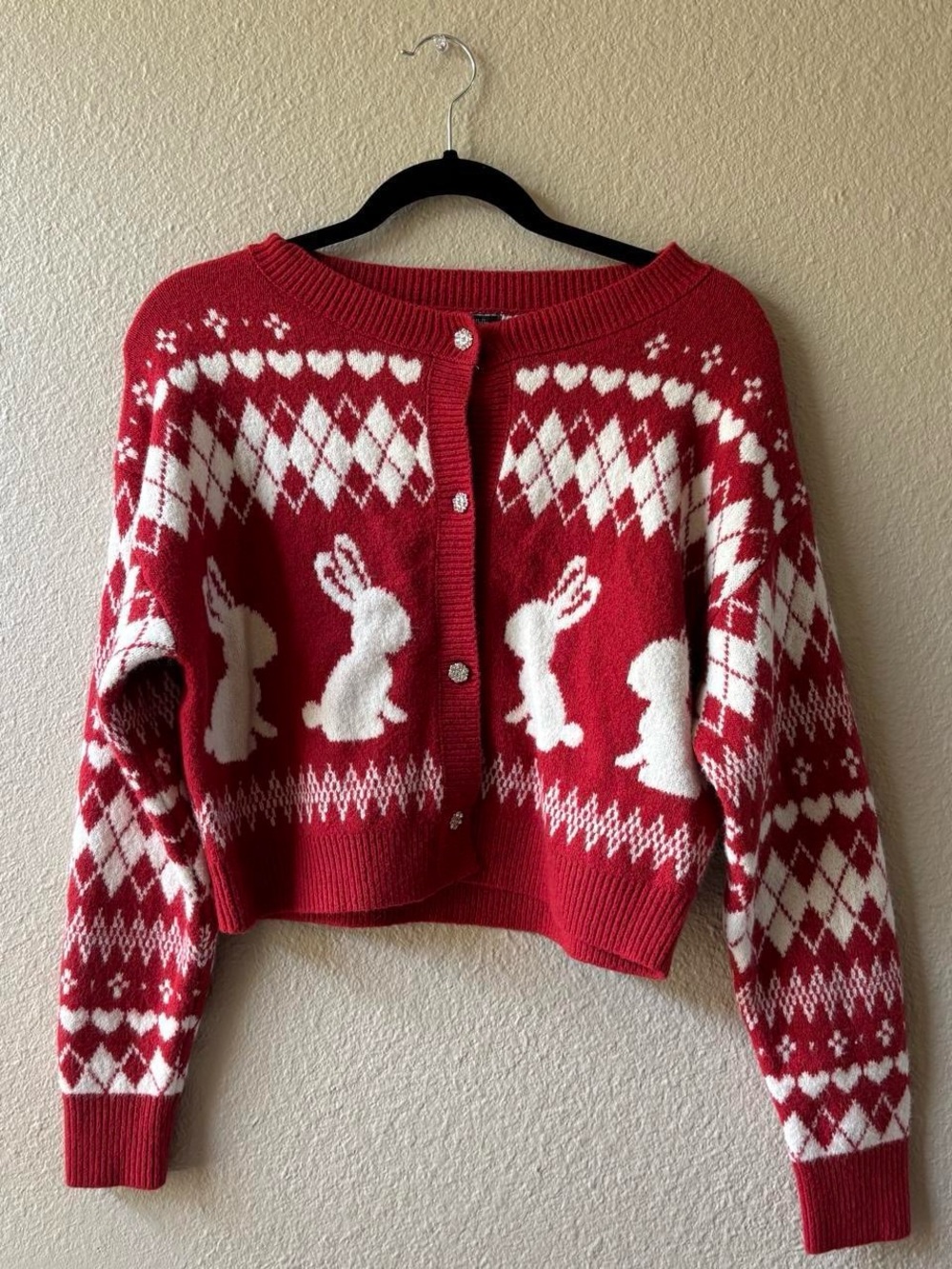 Wild Fable red & white bunny cardigan with diamond and heart motifs, size M - Picture 3 of 5